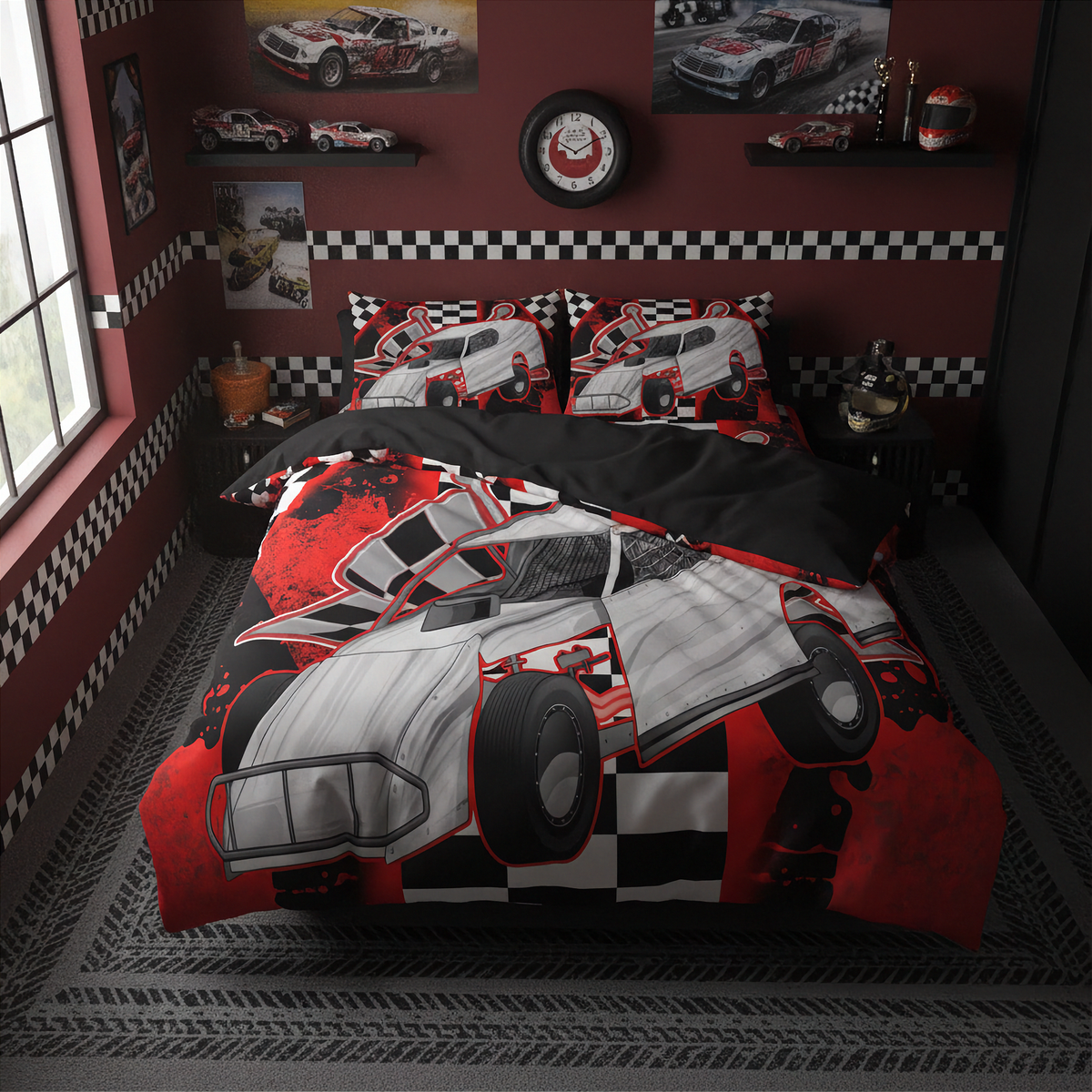 A racing-themed bedding set featuring a large white race car graphic with red and black accents, styled on a bed in a dark red and black race track themed bedroom.