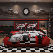 A racing-themed bedding set displayed on a bed in a styled bedroom. The duvet cover and matching pillowcases feature a large white race car graphic over a red and black checkered pattern.