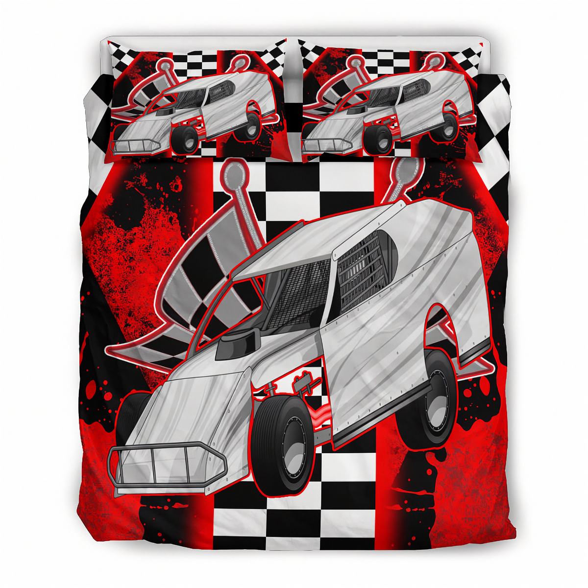 A racing-themed bedding set featuring a duvet cover and two pillowcases with a graphic print of a silver race car, red paint splatters, black-and-white checkered stripes, and a checkered floor pattern.