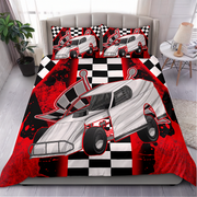 A racing-themed bedding set featuring a duvet cover and two pillowcases with a graphic of a white race car over a red, black, and white checkered pattern, displayed on a bed in a modern bedroom setting.
