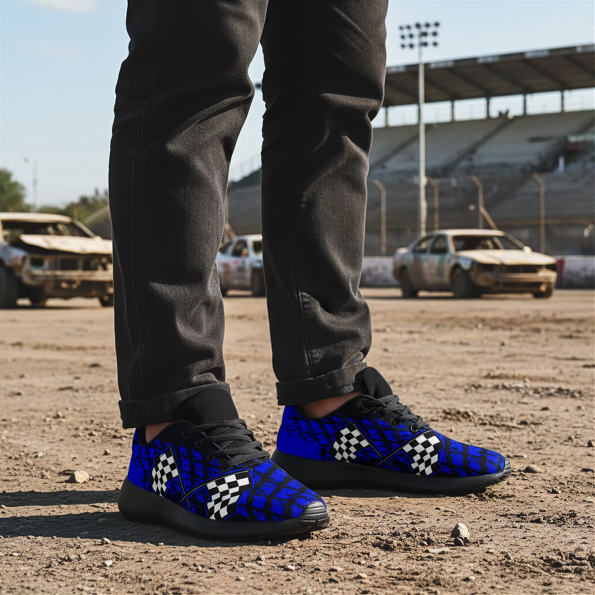 Person wearing blue checkered sneakers on a dirt track with cars in the background