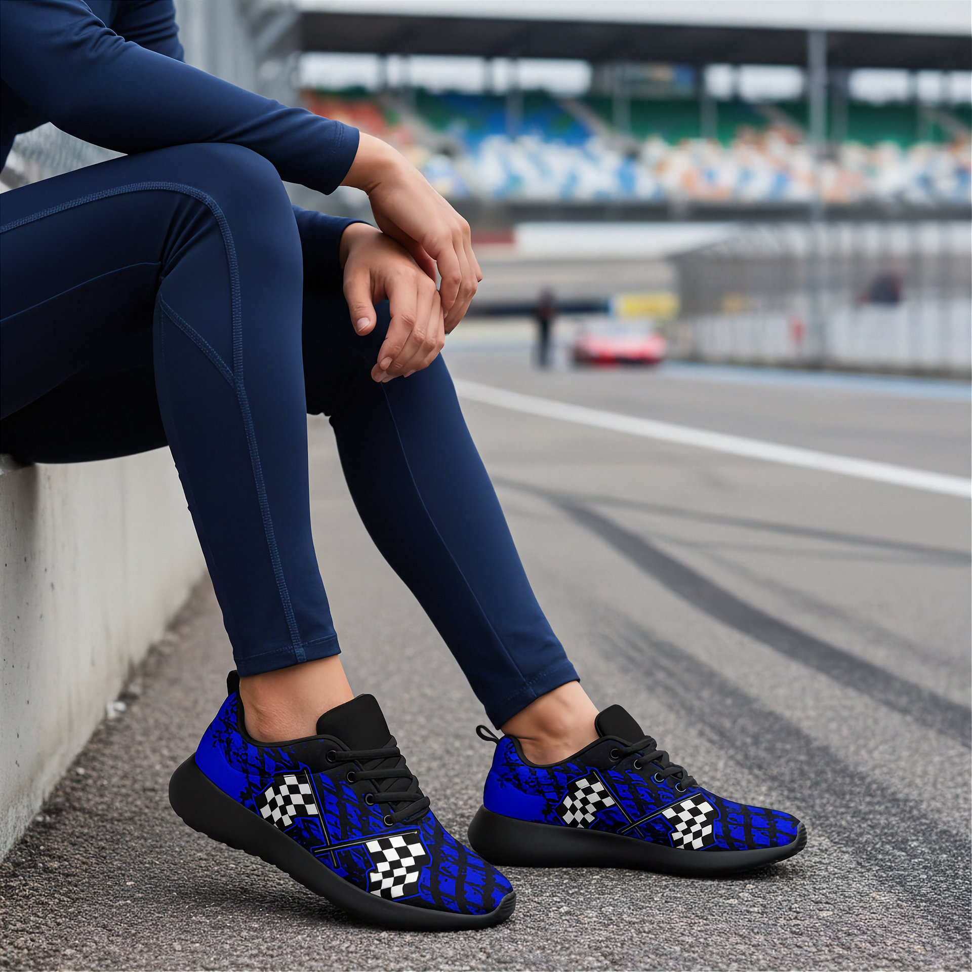 Person sitting on a race track wearing blue checkered shoes