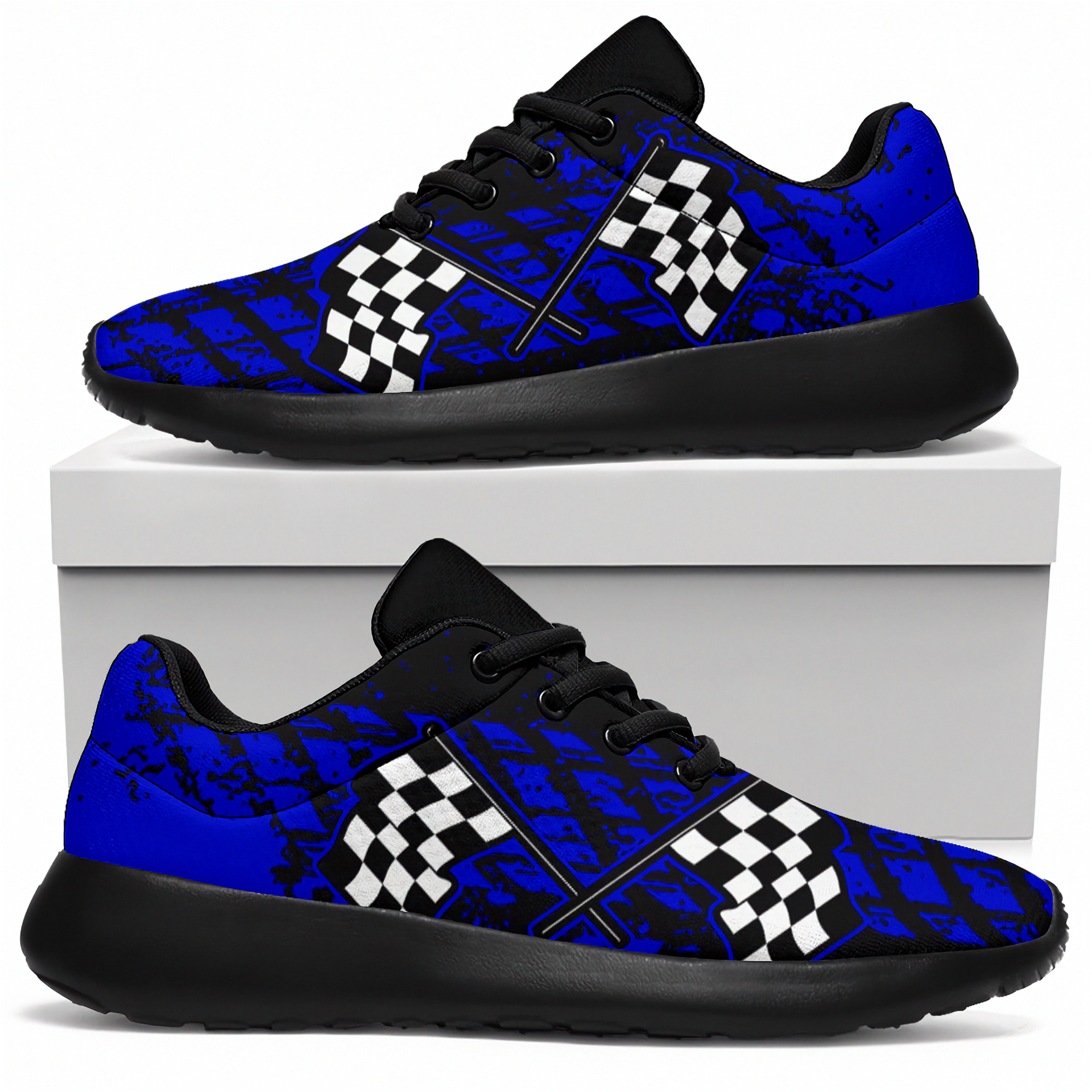 Blue and black checkered pattern sneakers on a white background