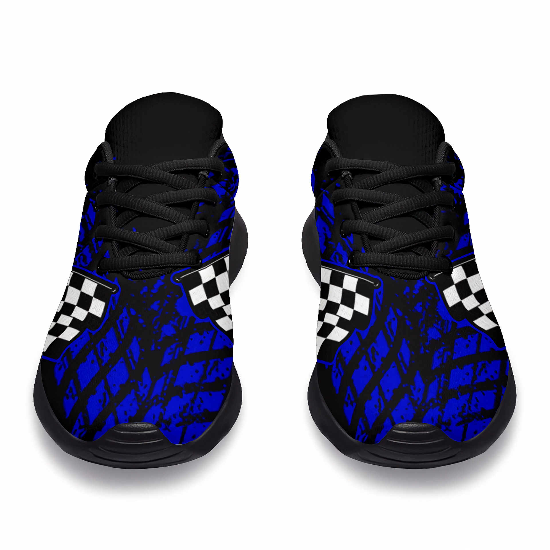 Pair of blue checkered sneakers with black soles on a white background