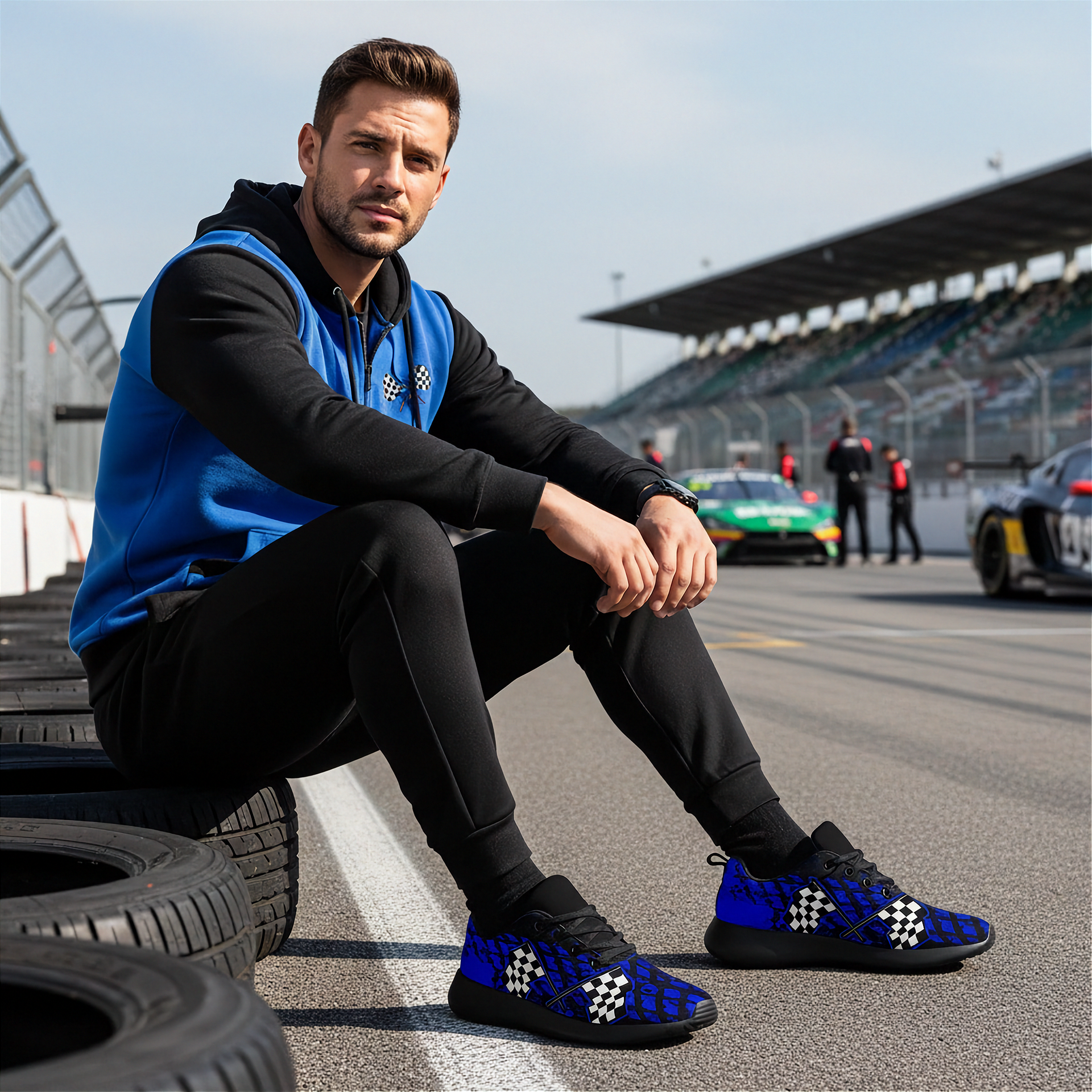 Man sitting on a race track with dirt racing sneakers, surrounded by tires and racing cars.