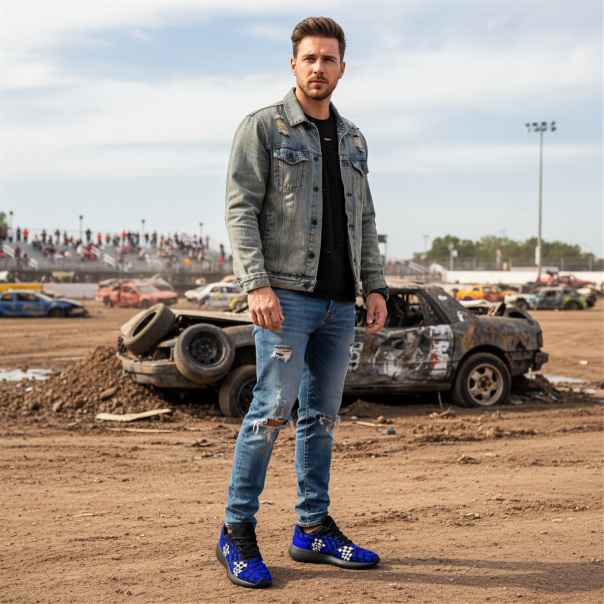 Man standing in a demolition derby area with damaged cars in the background wearing a blue muddy checkered sneakers