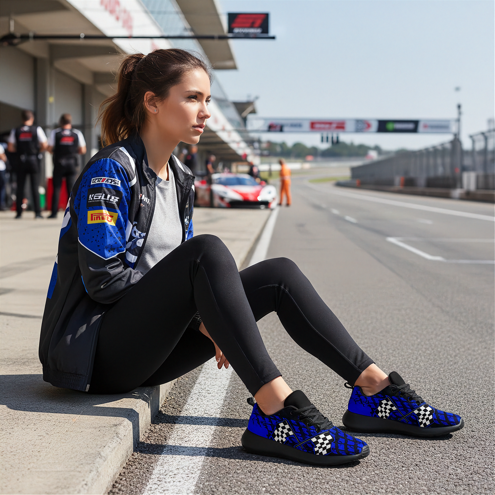 Woman sitting on a race track wearing blue and black checkered shoes.