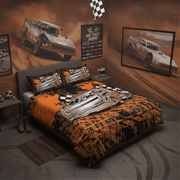 A racing-themed bedding set displayed on a bed in a styled bedroom. The set includes a duvet cover and two matching pillowcases featuring a bold orange, black, and white dirt-track late model car graphic with checkered flag motifs.