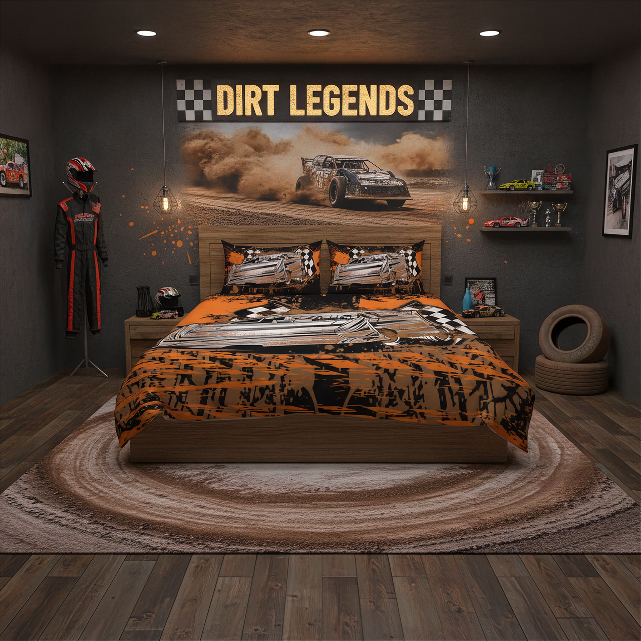 A racing-themed bedding set displayed on a bed in a styled bedroom. The set includes a duvet cover and two matching pillowcases featuring a black and orange dirt track race scene with a late model race car.