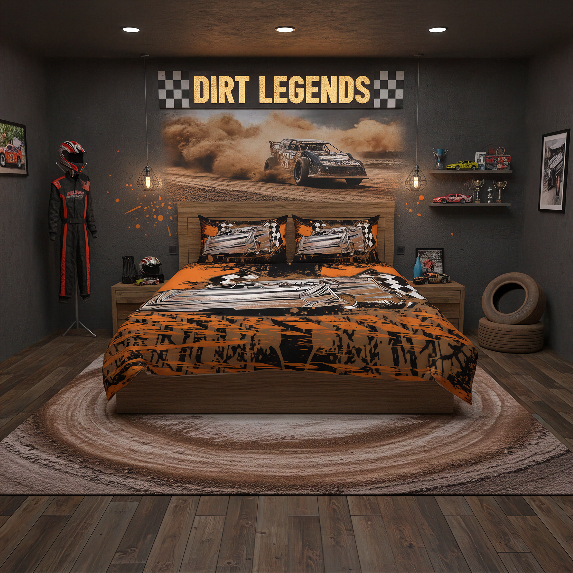 A racing-themed bedding set displayed on a bed in a styled bedroom. The set includes a duvet cover and two matching pillowcases featuring a black and orange dirt track race scene with a late model race car.