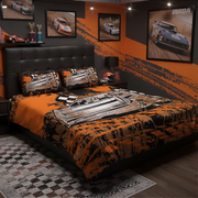 A racing-themed bedding set on a bed in a styled bedroom, featuring an orange and black dirt-track pattern with late model car. The room is decorated with orange and dark gray walls, framed race car posters, a racing trophy shelf, and a checkered rug.