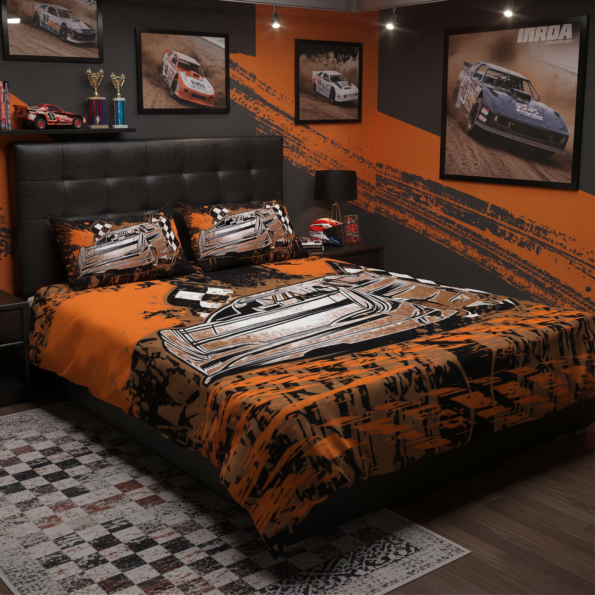 A racing-themed bedding set on a bed in a styled bedroom, featuring an orange and black dirt-track pattern with late model car. The room is decorated with orange and dark gray walls, framed race car posters, a racing trophy shelf, and a checkered rug.