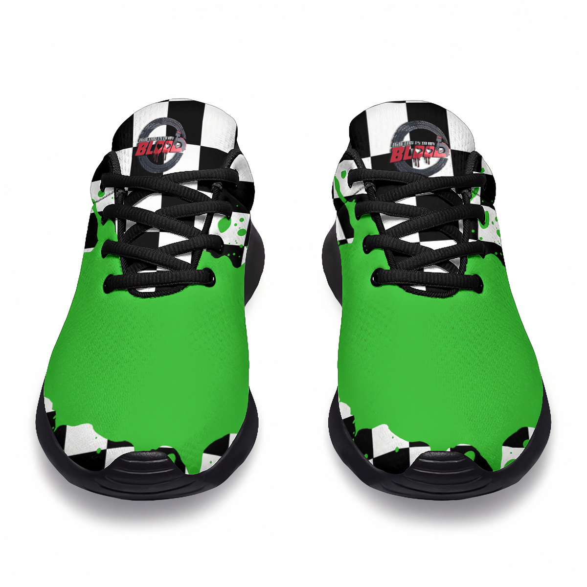 A pair of low-top athletic sneakers shown from the front on a white background. The shoes feature a bright green upper with a black and white jagged graphic pattern at the collar and around the sole, black laces, and a circular red and white 'Blades' logo on the tongue.