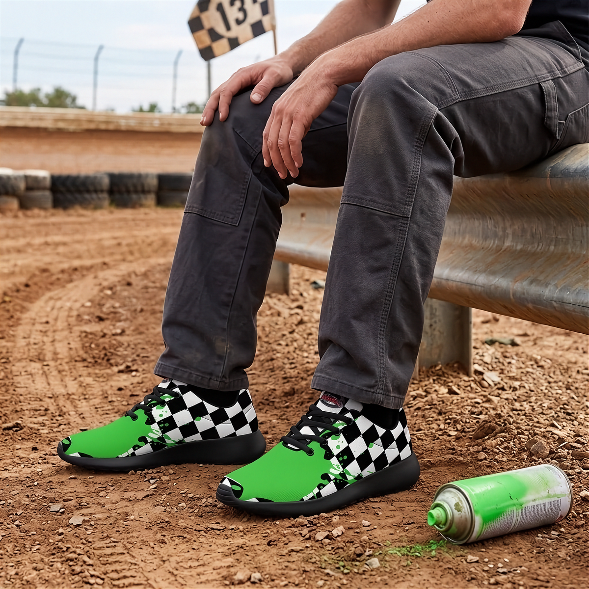 A person sitting on a metal bench at an outdoor dirt track wearing bright green and black checkered sneakers with dark gray cargo pants. A green spray can lies on the dirt beside the shoes.