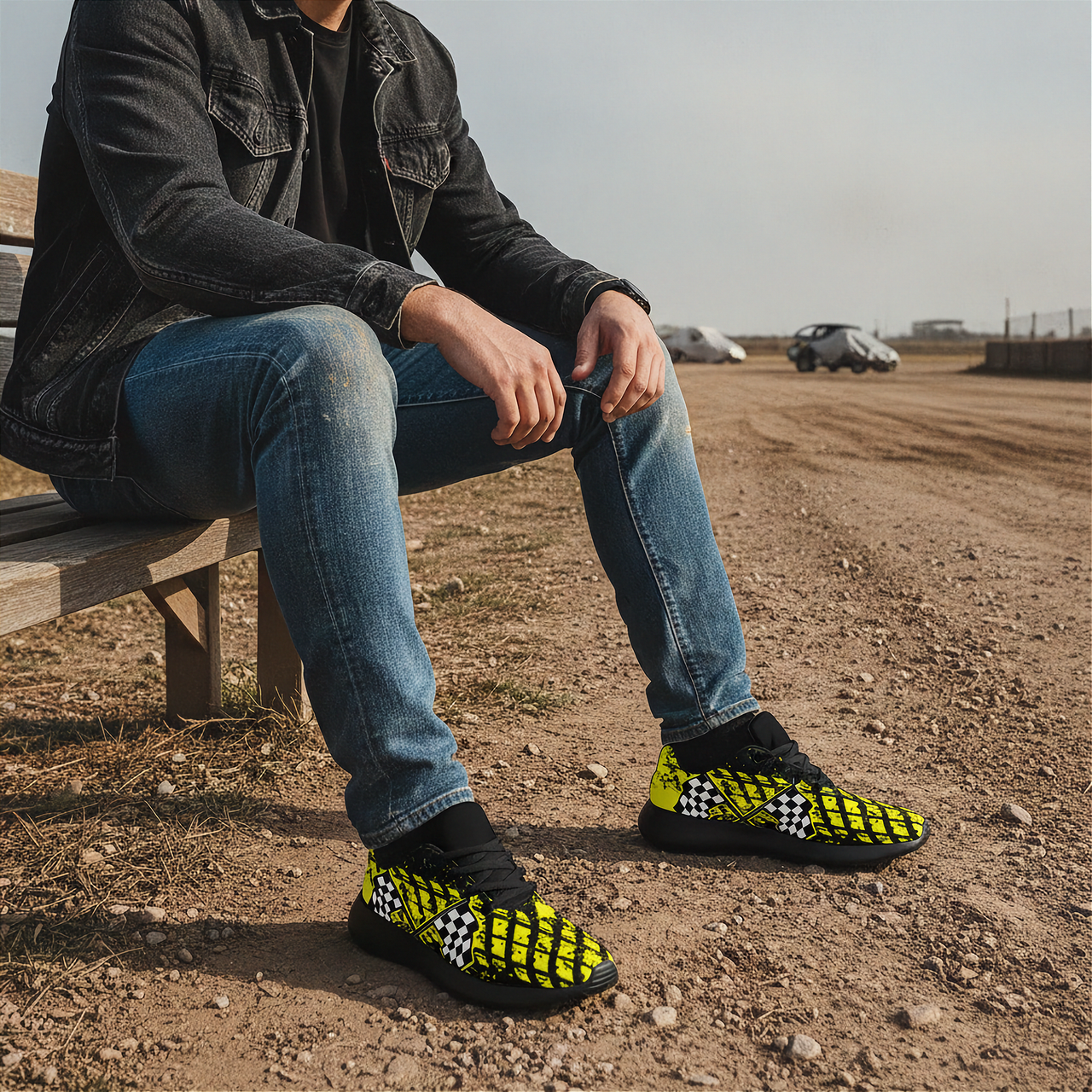 Man sitting on a bench wearing black and yellow checkered shoes in an outdoor setting.
