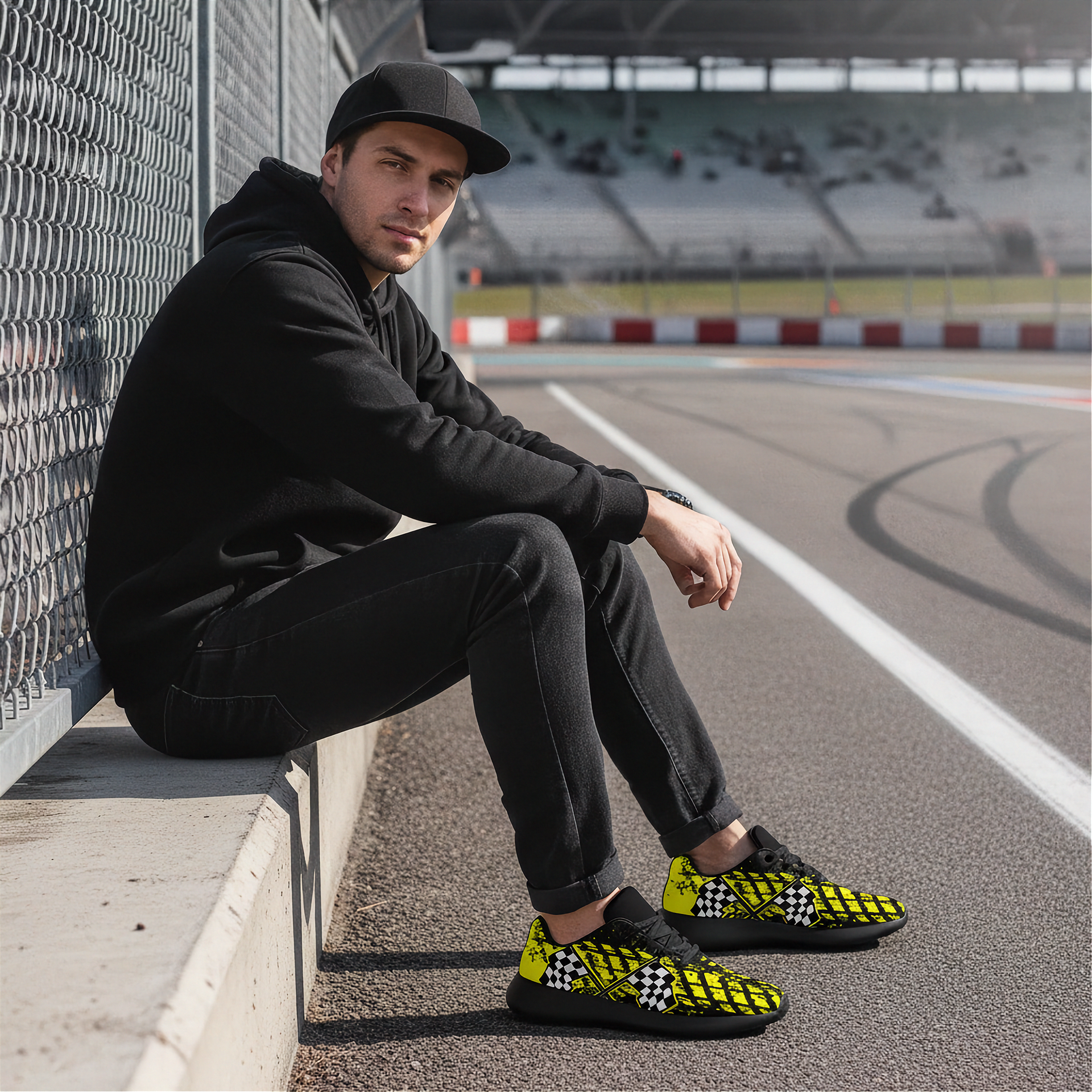 Man sitting on a race track wearing black and yellow checkered shoes