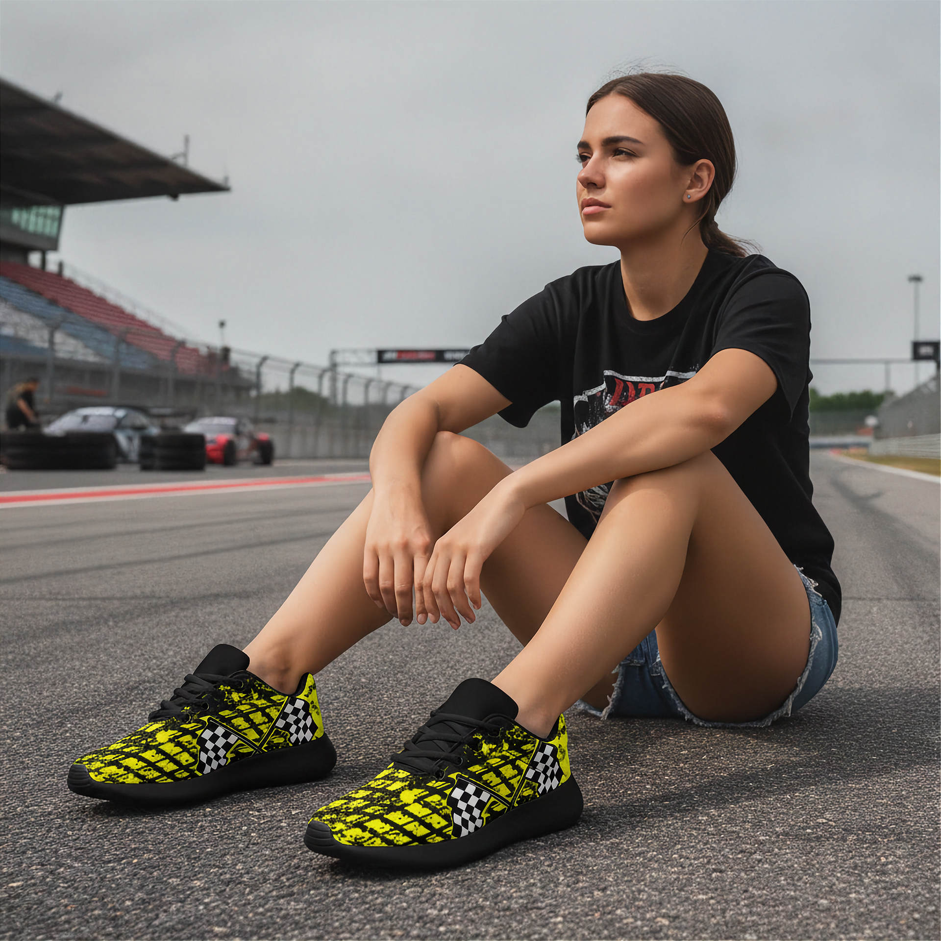 Woman sitting on a race track wearing black and yellow checkered sneakers.