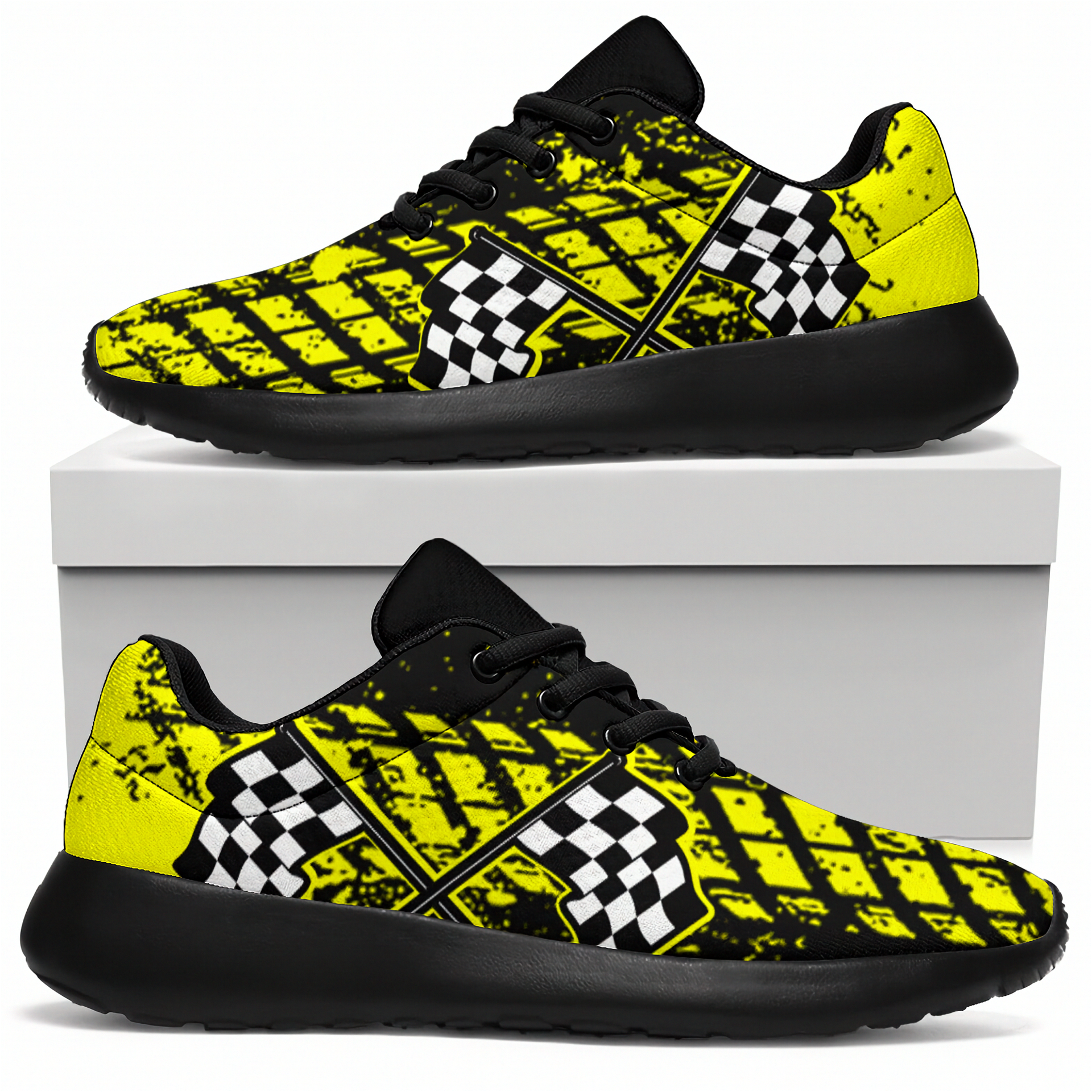 Yellow and black checkered sneakers with a white box in the background
