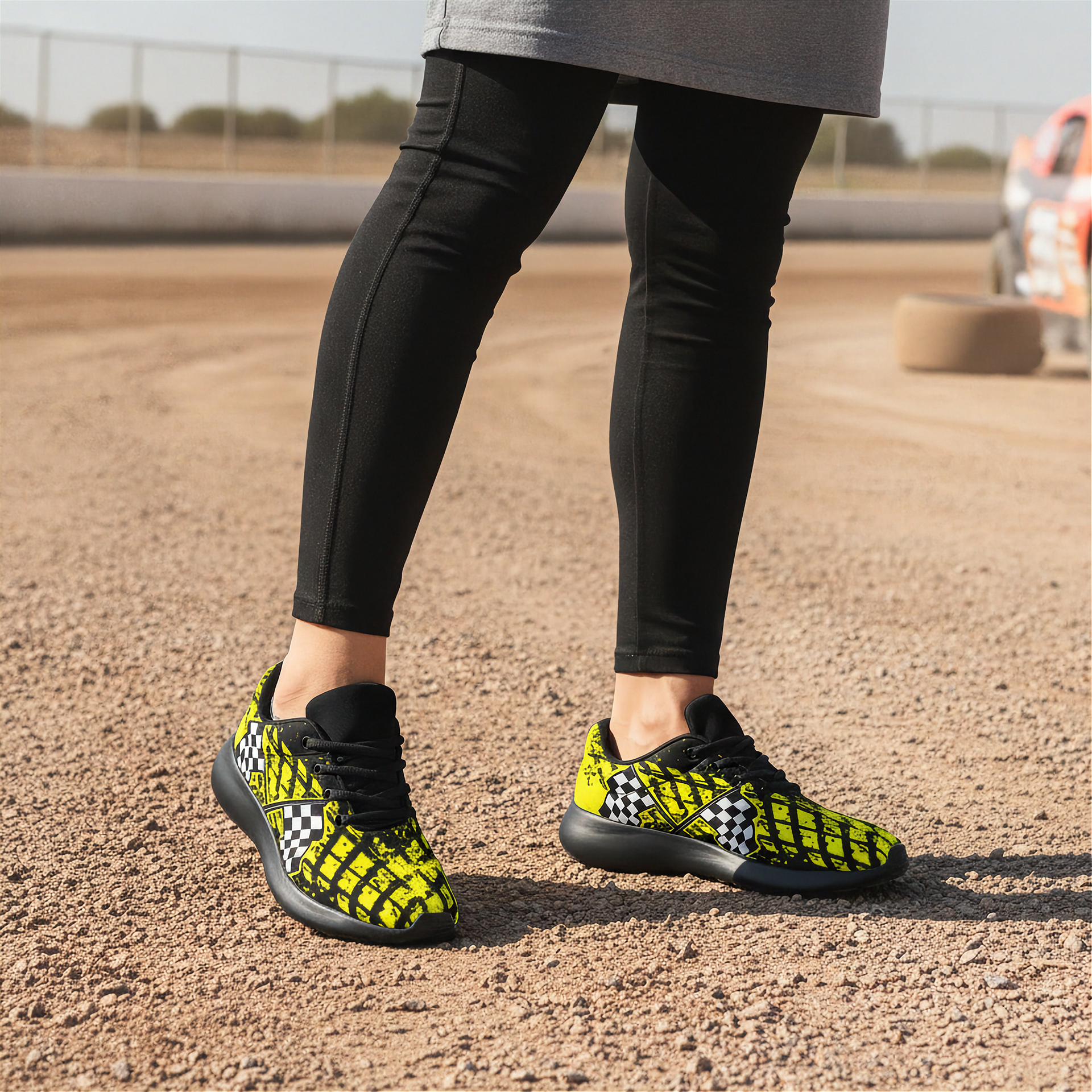 Woman wearing black leggings and bright yellow sneakers with checkered pattern on a dirt surface.