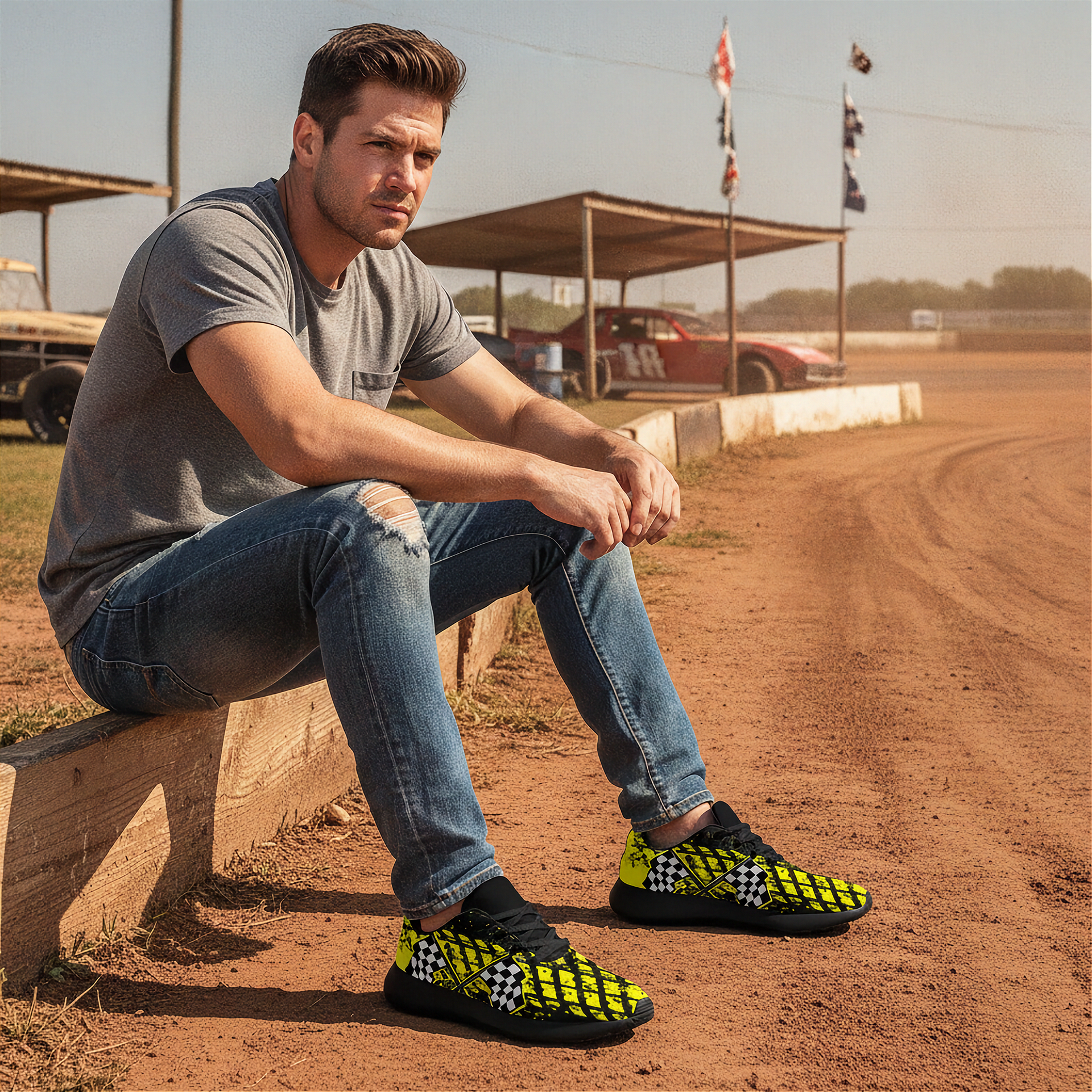 Man sitting on a concrete block at a race track wearing checkered shoes.