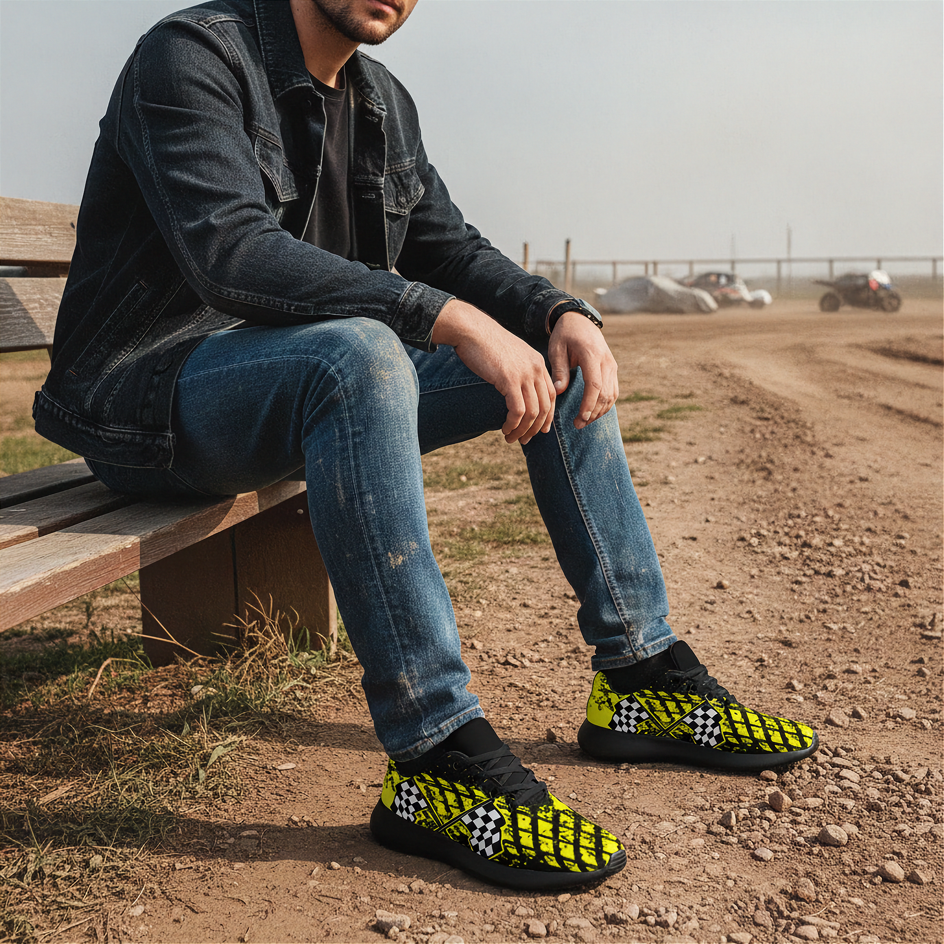 Man sitting on a bench wearing checkered shoes in an outdoor setting with vehicles in the background.