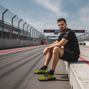 Man sitting on a race track wearing black and yellow shoes