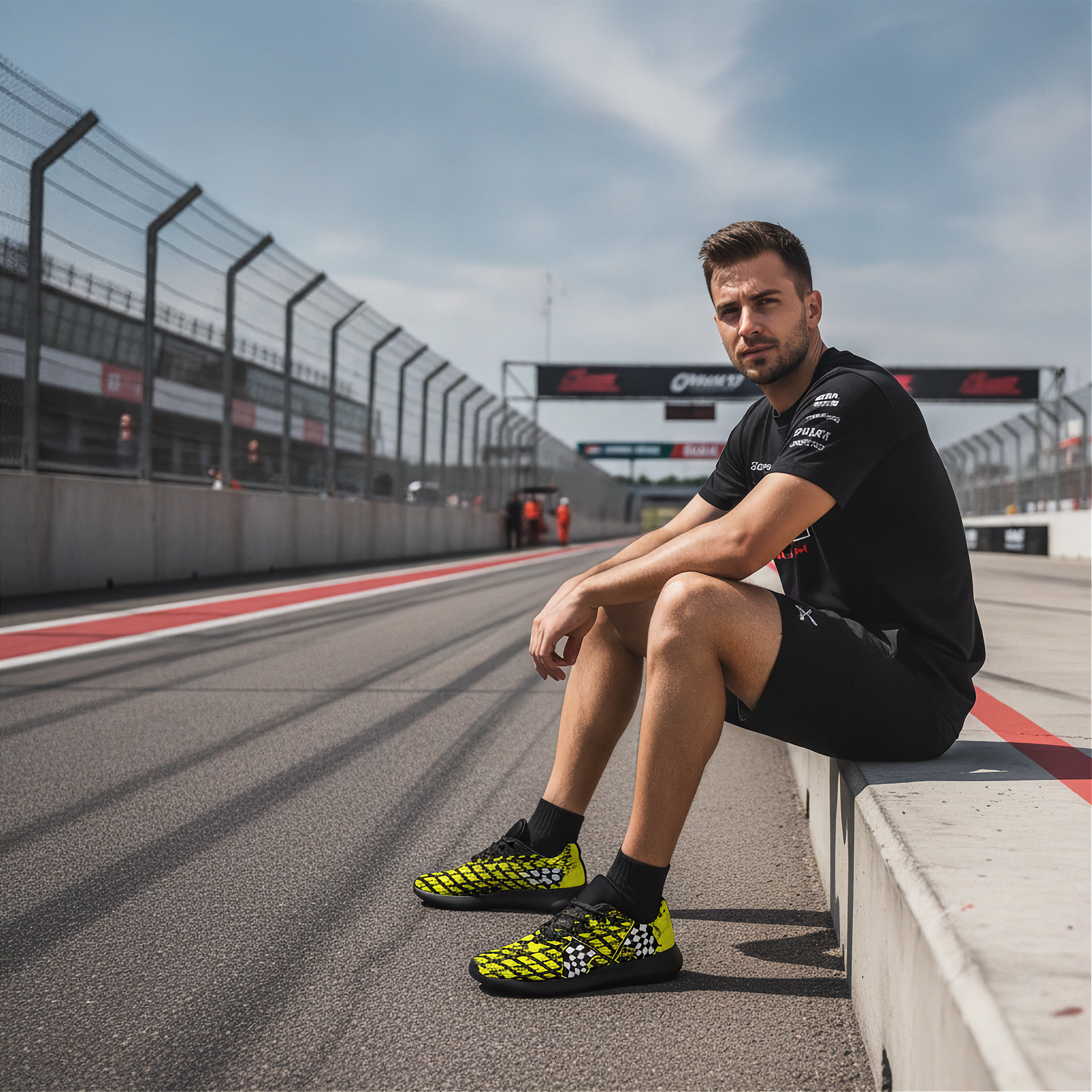 Man sitting on a race track wearing black and yellow shoes