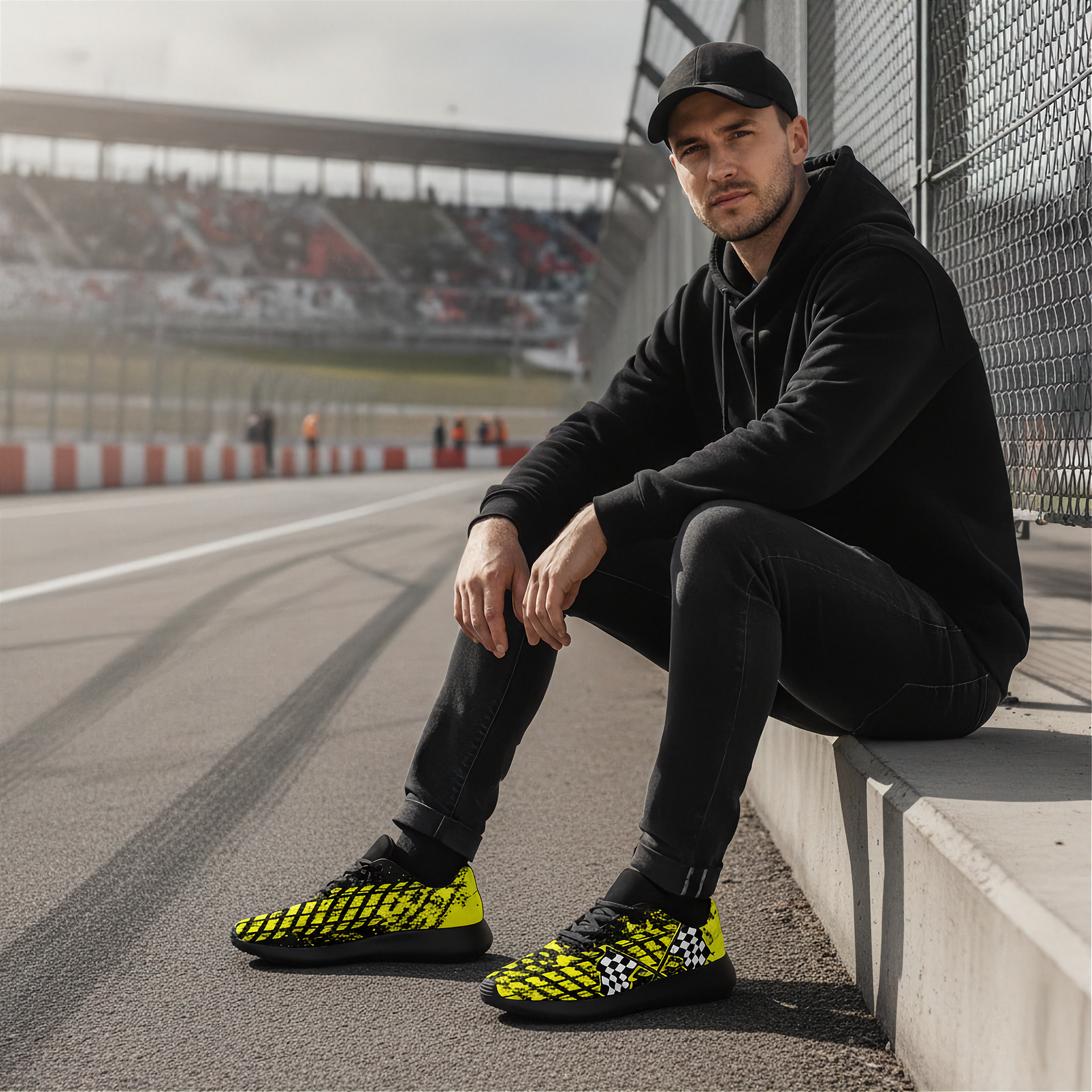Man sitting on a race track wearing black and yellow shoes