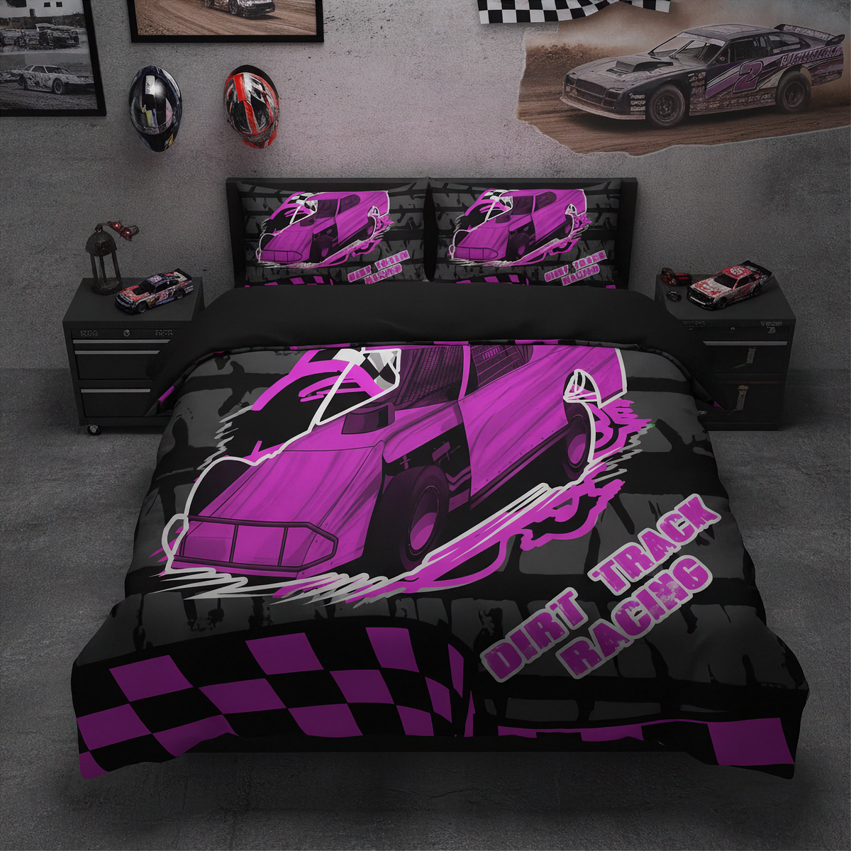 Dirt Track Modified Bedding Set | Pink | Short Track Motorsport Decor | RIIMB