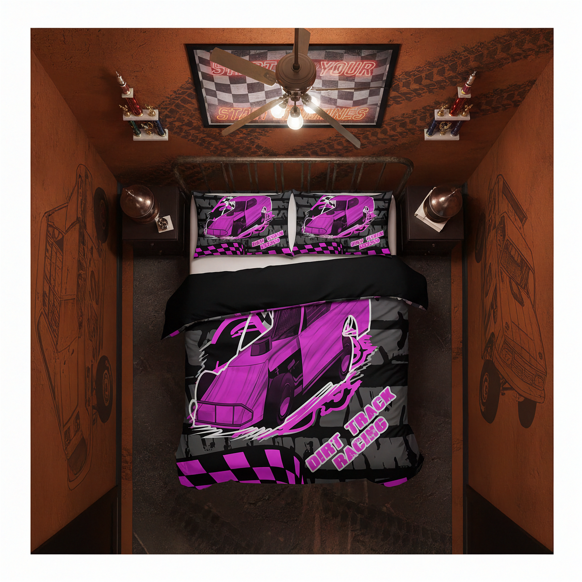 Dirt Track Modified Bedding Set | Pink | Short Track Motorsport Decor | RIIMB