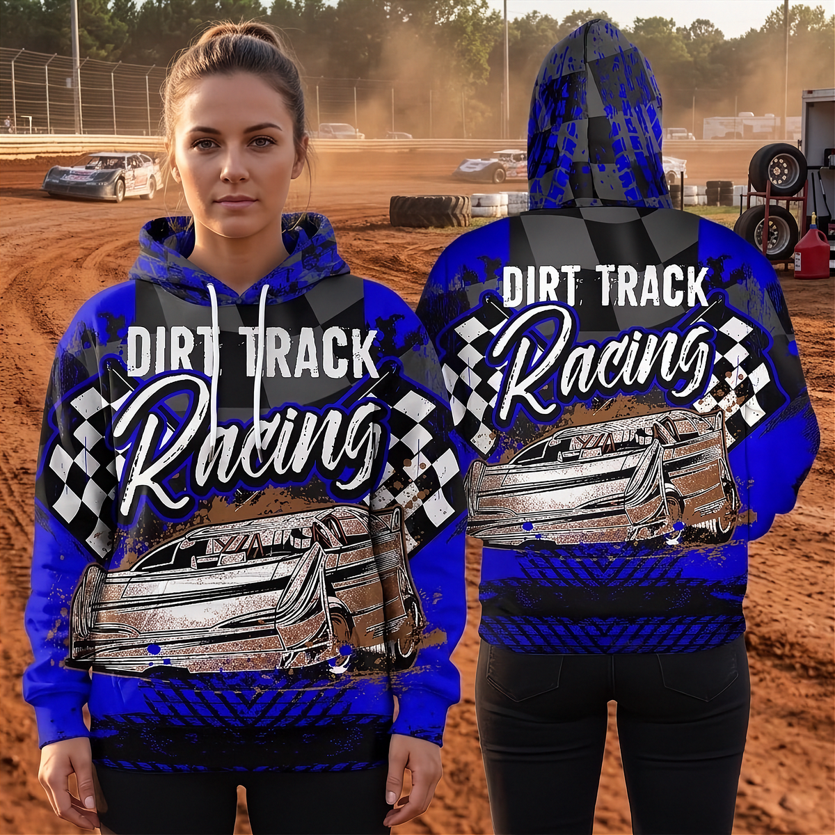 A woman modeling a blue and black hooded sweatshirt with a dirt track racing graphic, shown from both front and back views against a dirt track background.
