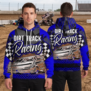 A man modeling a blue and black dirt track racing hoodie, showing both front and back views. The hoodie features a graphic of a race car, 'DIRT TRACK Racing' text, and checkered flags, set against a dirt track background.