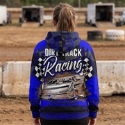 A person standing on a dirt track wearing a blue and black hooded sweatshirt from the back, featuring 'Dirt Track Racing' text, a checkered flag motif, and a race car graphic.