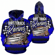 Front and back views of a blue and black pullover hoodie featuring a 'Dirt Track Racing' graphic with a vintage race car and checkered flags on a white background.