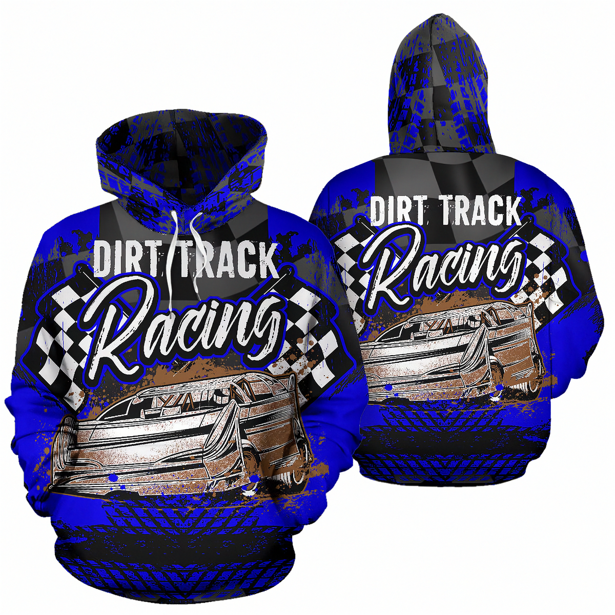 Front and back views of a blue and black pullover hoodie featuring a 'Dirt Track Racing' graphic with a vintage race car and checkered flags on a white background.
