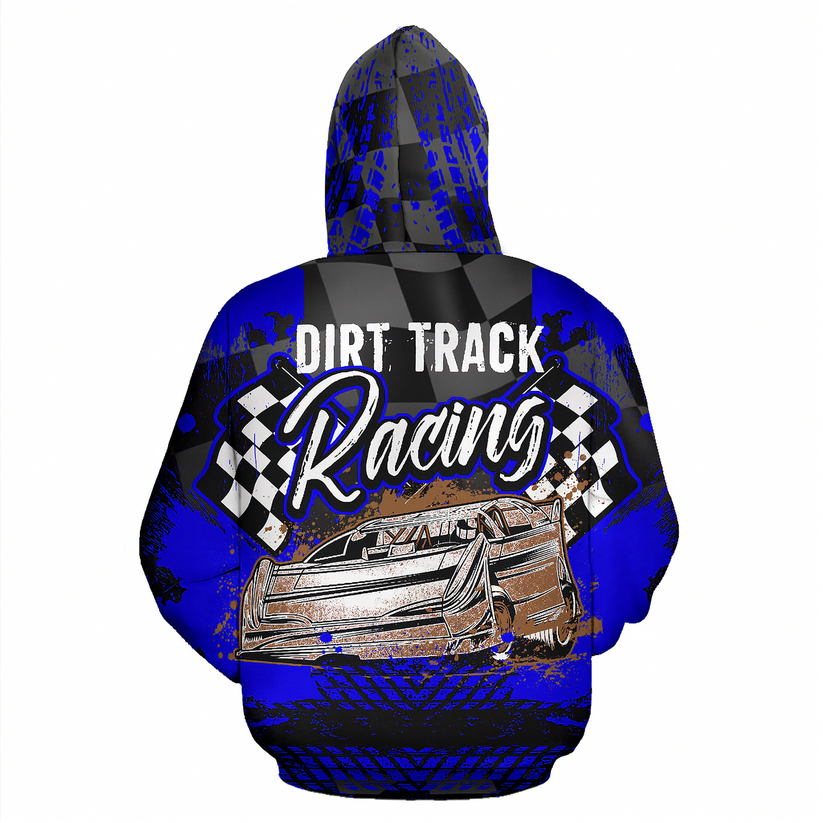 A blue and black pullover hoodie shown from the back, featuring a graphic design with the words 'DIRT TRACK Racing', checkered flags, a dirt track car illustration, and tire marks on a white background.