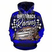 A blue and black pullover hoodie featuring a 'Dirt Track Racing' graphic design with a vintage race car, checkered flags, and tire tracks, shown on a plain white background.