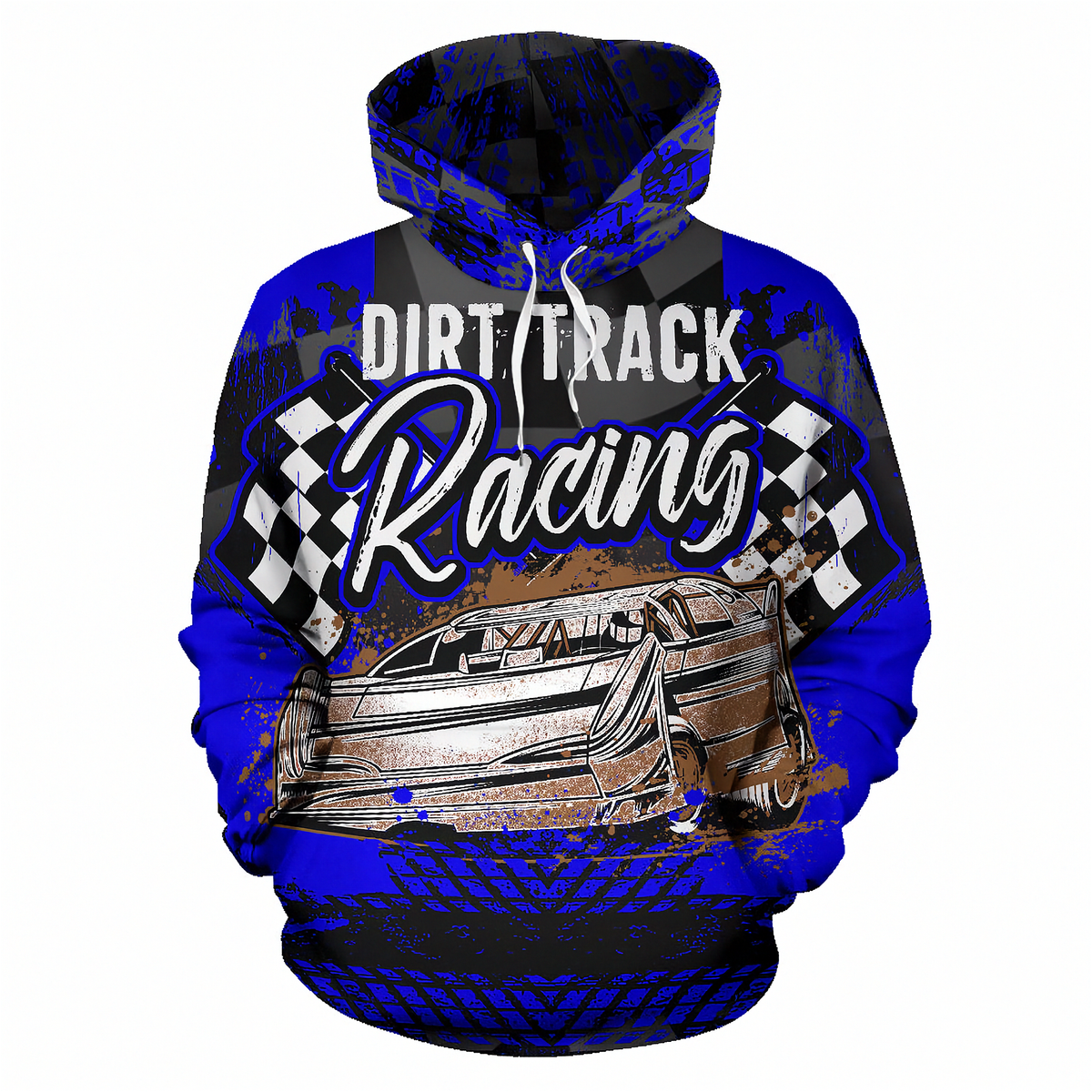 A blue and black pullover hoodie featuring a 'Dirt Track Racing' graphic design with a vintage race car, checkered flags, and tire tracks, shown on a plain white background.