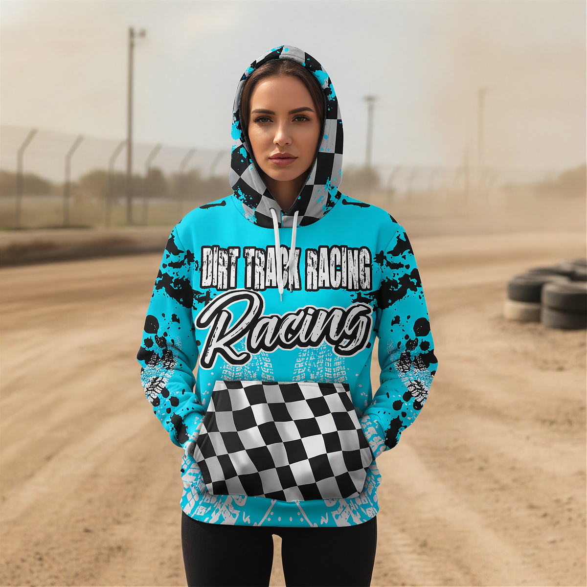A woman stands on a dirt track wearing a bright turquoise hoodie with black splatter graphics, a black-and-white checkered hood, and 'DIRT TRACK RACING Racing' printed across the chest. Tires and fencing are visible in the blurred background.