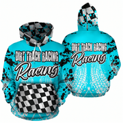 Front and back views of a turquoise pullover hoodie with a dirt track racing theme. The hoodie features a black and white checkered pattern on the hood, a black and white graphic print on the front reading 'DIRT TRACK RACING', a black and white checkered front pocket, and a white tire tread pattern on the back with 'DIRT TRACK RACING Racing' printed on it.