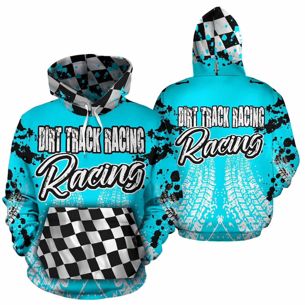 Front and back views of a turquoise pullover hoodie with a dirt track racing theme. The hoodie features a black and white checkered pattern on the hood, a black and white graphic print on the front reading 'DIRT TRACK RACING', a black and white checkered front pocket, and a white tire tread pattern on the back with 'DIRT TRACK RACING Racing' printed on it.