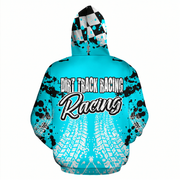 A turquoise blue pullover hoodie shown from the back, featuring a black and white checkered hood, black paint splatters, and white tire tracks with the text 'DIRT TRACK RACING Racing' across the center.