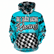 A turquoise pullover hoodie with a black and white checkered pattern on the hood, front pocket, and sleeves, featuring black paint splatters and the words 'DIRT TRACK RACING' and 'Racing' on the front.