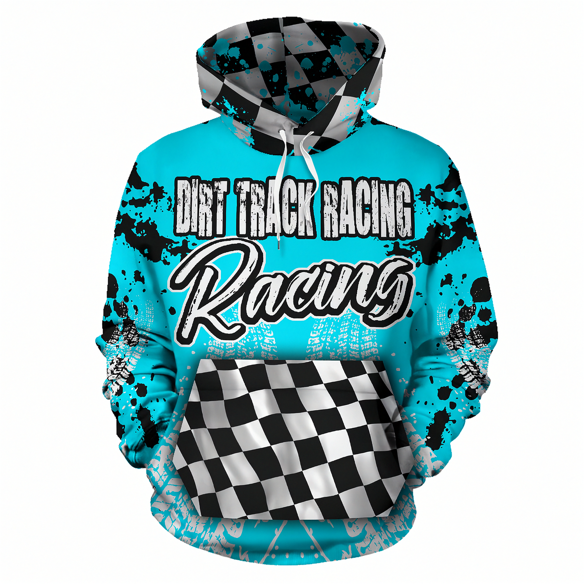 A turquoise pullover hoodie with a black and white checkered pattern on the hood, front pocket, and sleeves, featuring black paint splatters and the words 'DIRT TRACK RACING' and 'Racing' on the front.