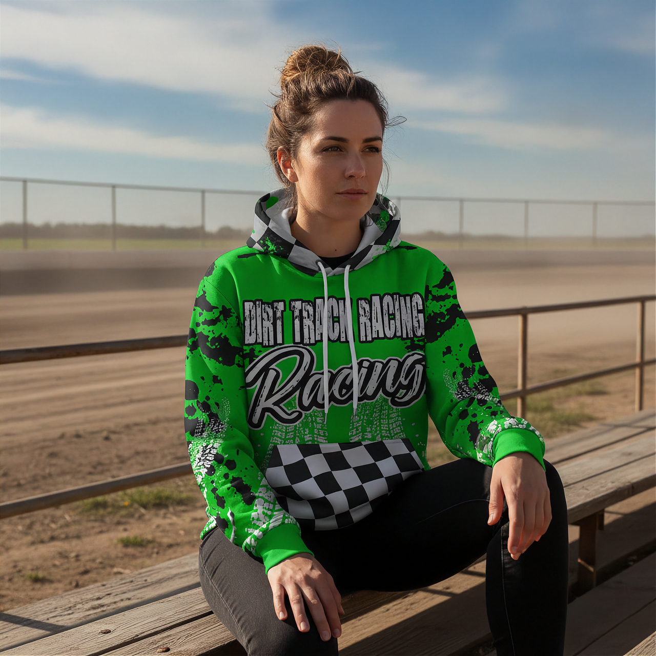 Woman wearing a green 'Dirt Track Racing' hoodie sitting on a wooden bench at a race track.