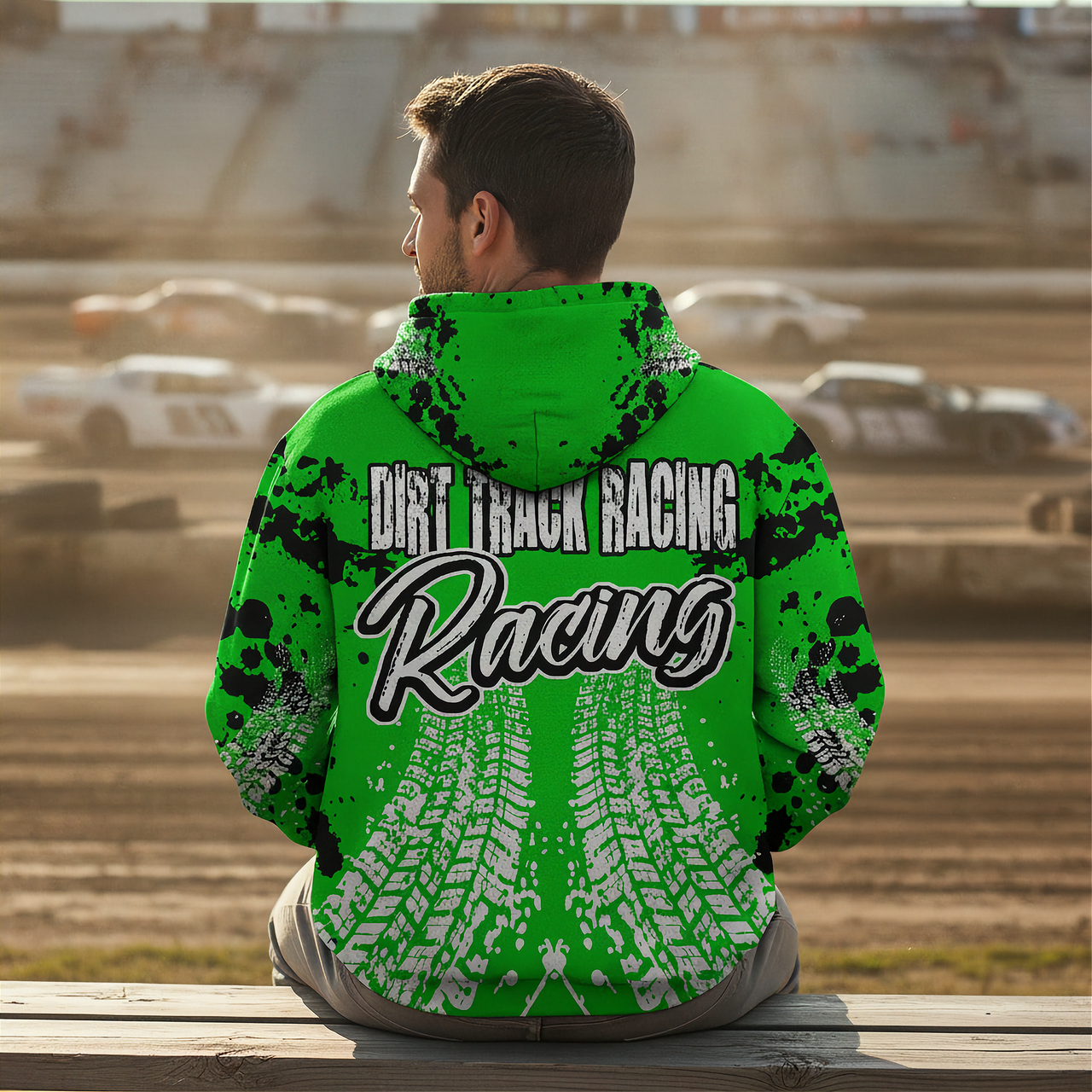 Man wearing a green 'Dirt Track Racing' hoodie with tire track patterns at a race track.