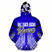 A blue pullover hoodie shown from the back, featuring a 'Dirt Track Racing' graphic with tire tracks and black paint splatters on a white background.