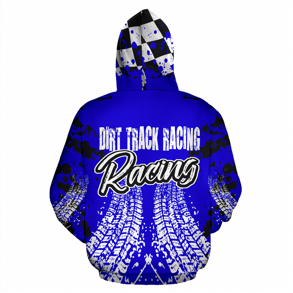 A blue pullover hoodie shown from the back, featuring a 'Dirt Track Racing' graphic with tire tracks and black paint splatters on a white background.