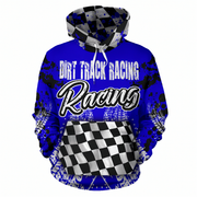 A blue and black hooded sweatshirt with a checkered pattern, featuring the words 'DIRT TRACK RACING' and 'Racing' on the front, set against a plain white background.