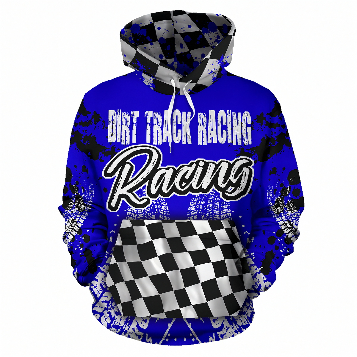 A blue and black hooded sweatshirt with a checkered pattern, featuring the words 'DIRT TRACK RACING' and 'Racing' on the front, set against a plain white background.